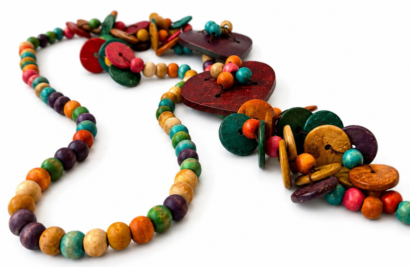 Boho Wooden Bead Necklace Coconut Shell Heart Pendant Handmade Hippie Jewelry