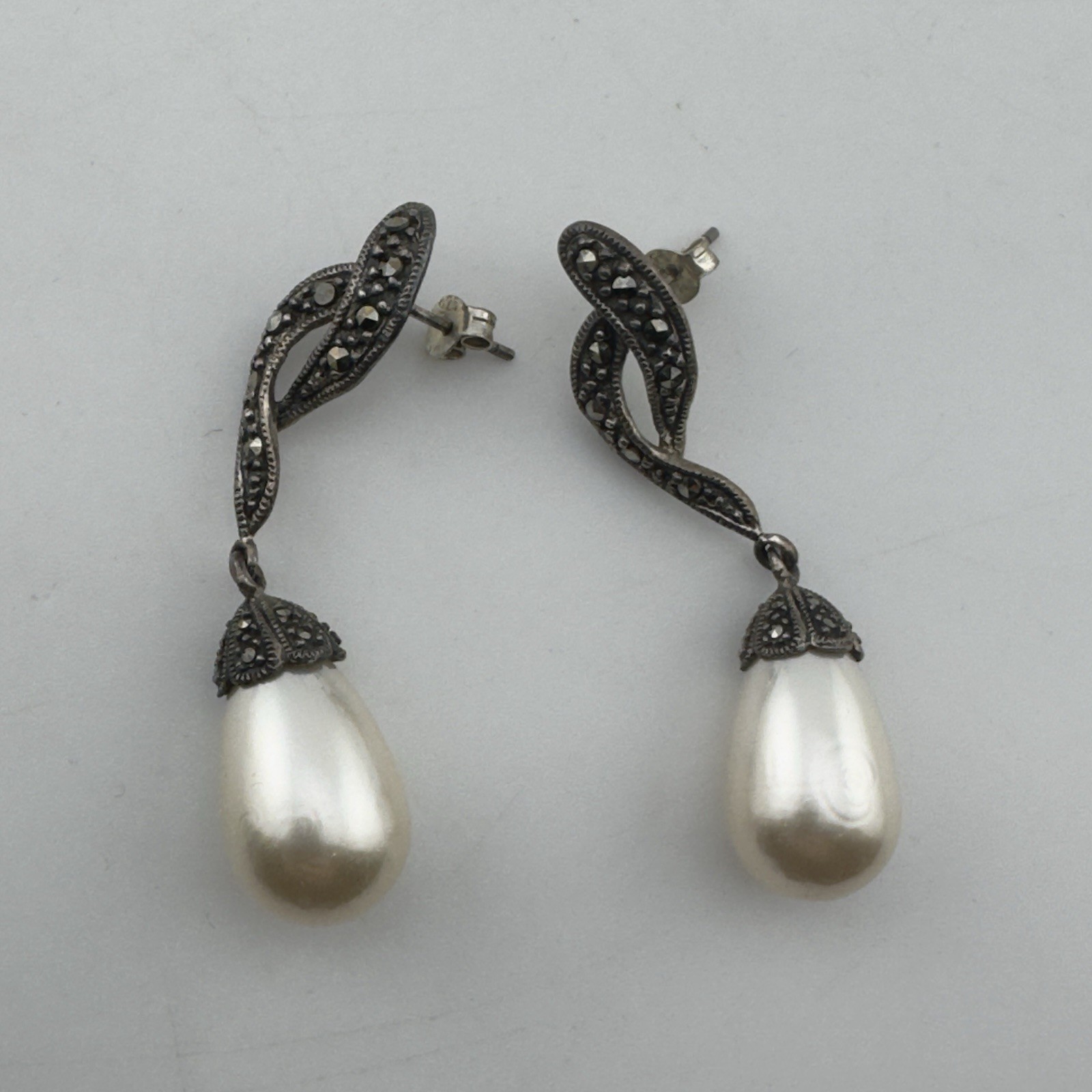 Vintage Art Deco HAN 925 Sterling Silver Marcasite Pearl Drop Dangle Earrings