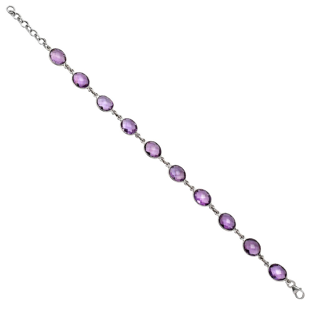 Premium Quality Amethyst Checker Briolette 925 Silver Bracelet Jewelry B-1001