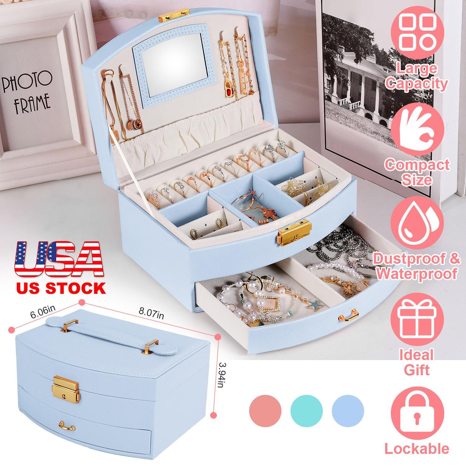 2-Layer Jewelry Box f/ Women Girls Lockable Lear Organizer Travel Case f/ Rings