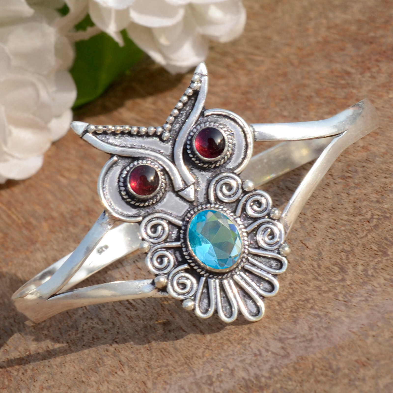 Blue Topaz & Garnet Gemstone 925 Sterling Silver Bracelet For Couple’s Jewelry