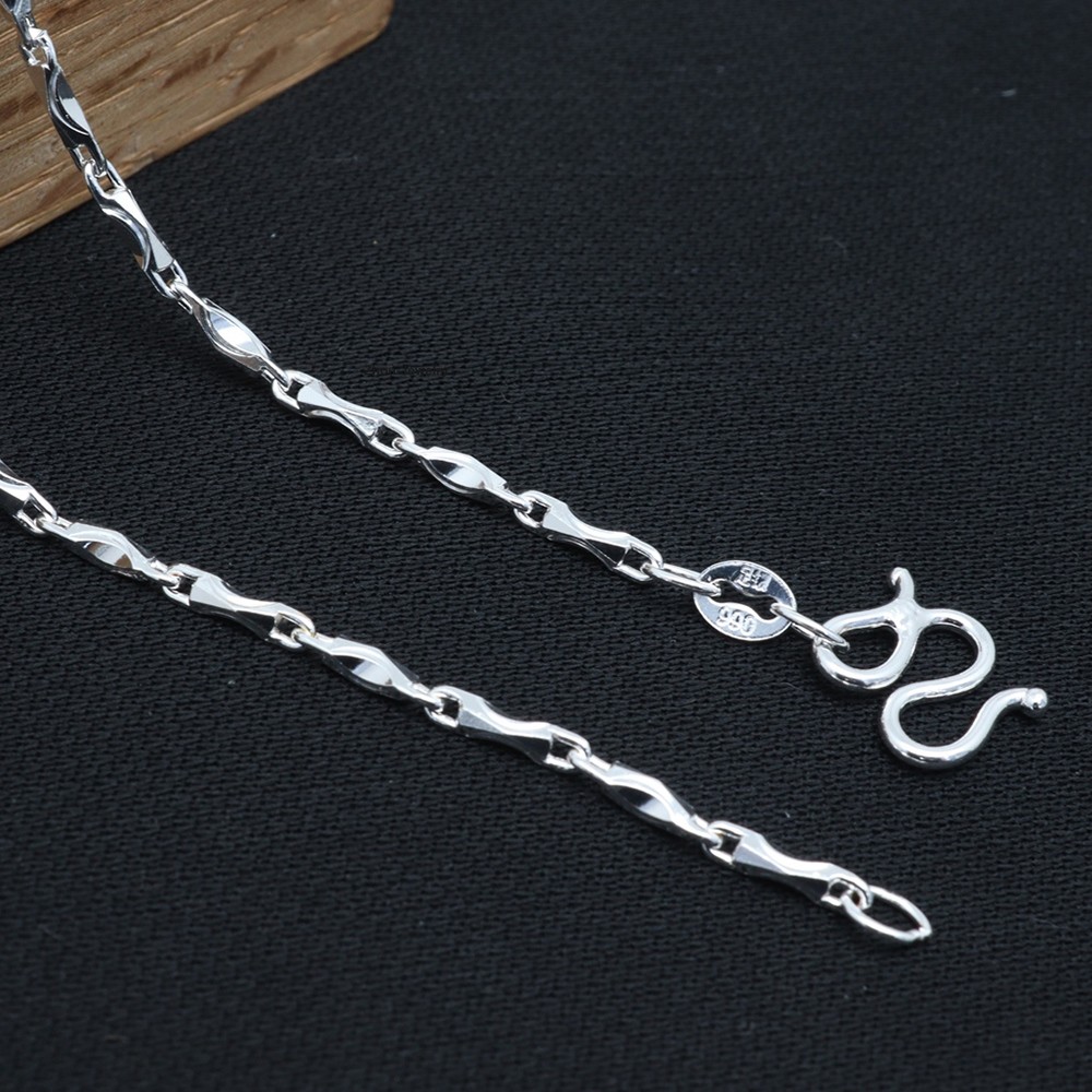 Pure 999 Fine Silver Necklace 2mm Yuanbao Bar Link Chain Women’s 17.7inch L