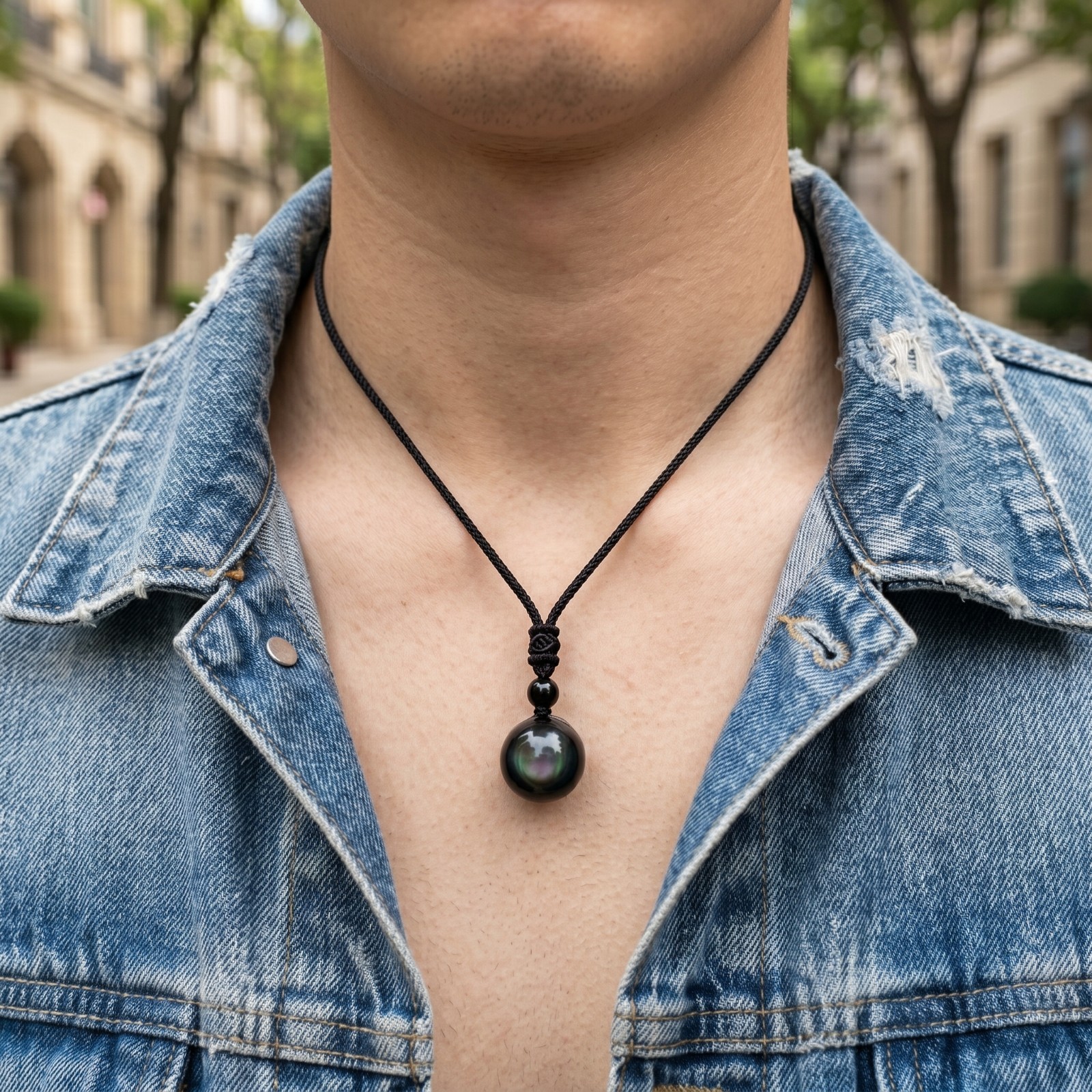 Natural Rainbow Obsidian Pendant 16mm Round Bead Adjustable Cord Negative Energy