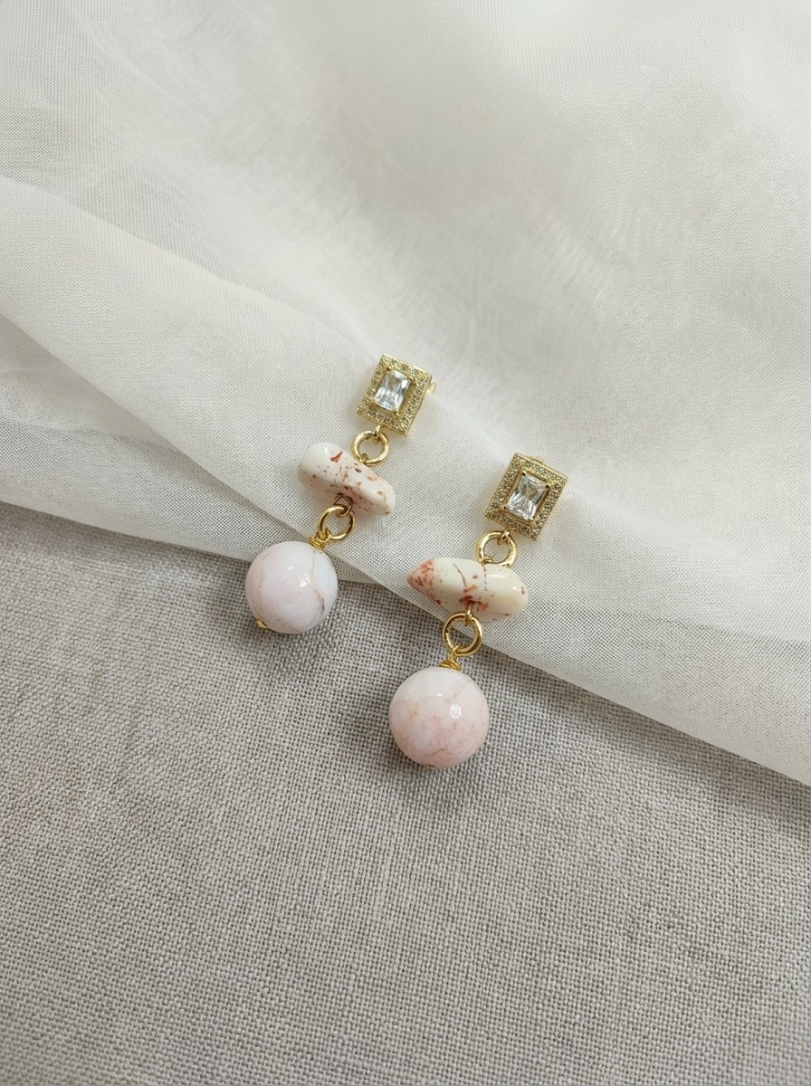 Pink Coral, Quartz and Crystal Pendant Earrings