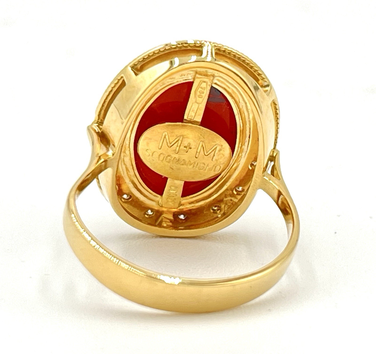 18Kt Gold Red Coral Mediterranean Natural Diamonds Cabochon Ring 14x10mm