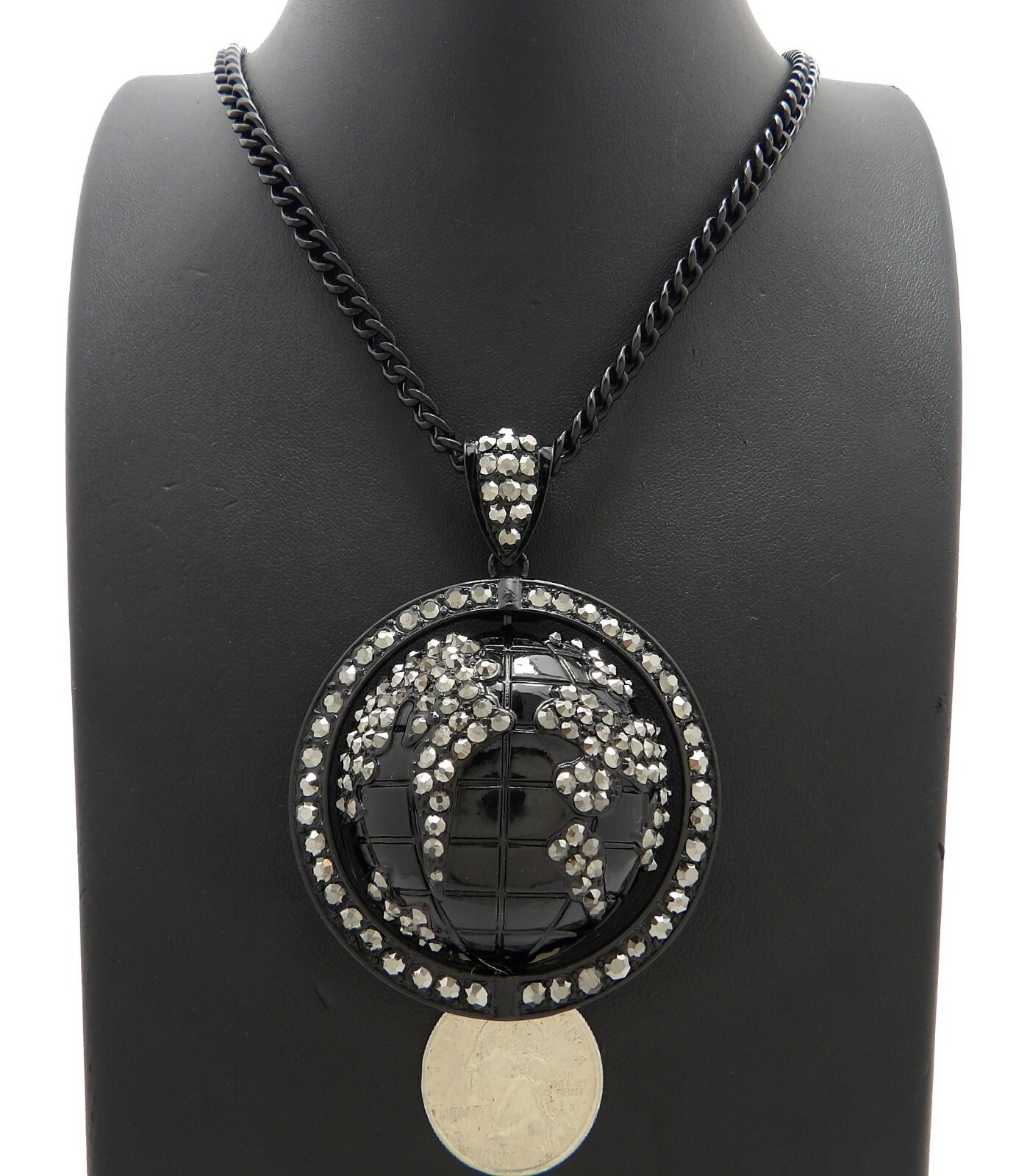HIP HOP ICED JET BLACK WORLD GLOBE PENDANT & 5mm 24″ CUBAN CHAIN BLING NECKLACE