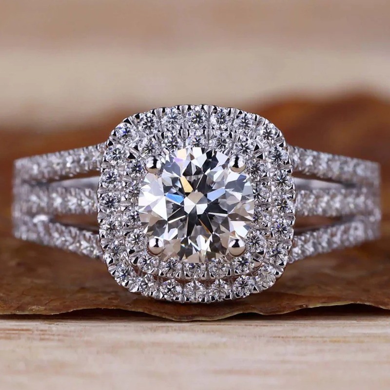 1.90 TCW Round Moissanite Double Halo Engagement Ring In 14k White Gold Plated