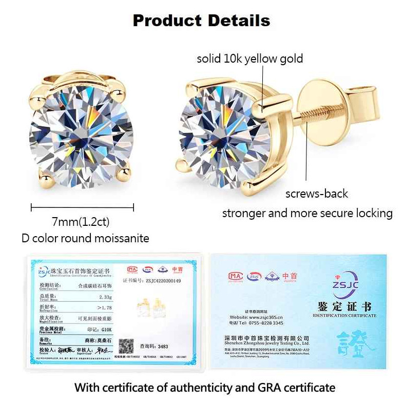 Solid 10K Yellow Gold 0.1CT-2CT D-E Moissanite Stud Earrings Screw Back Women’s