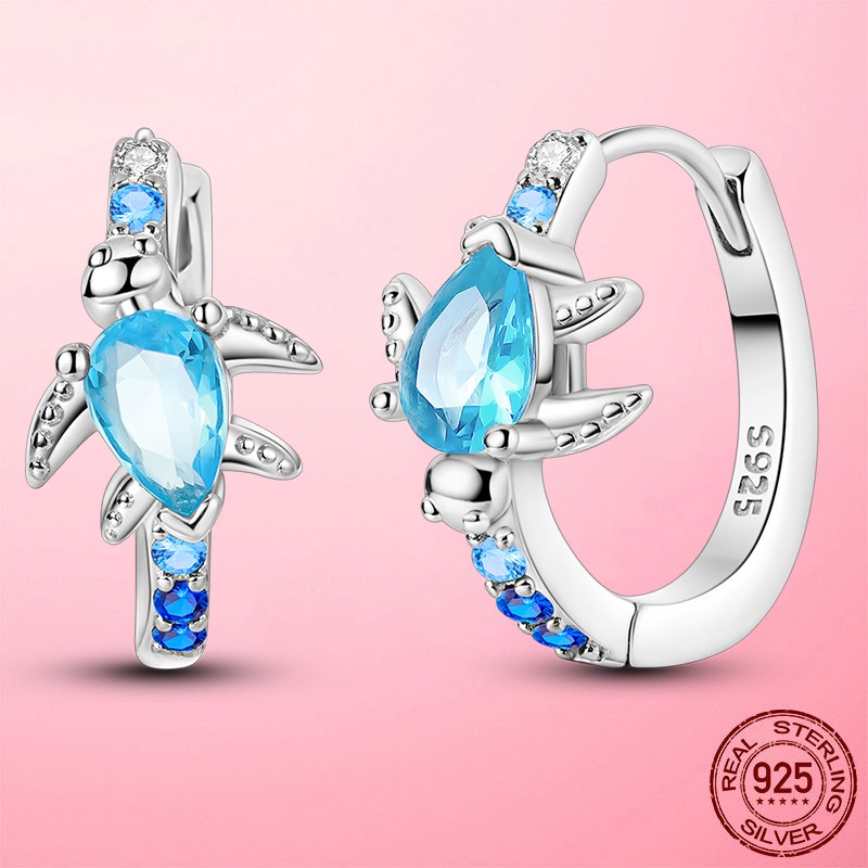 LAZA New 925 Sterling Silver Hoop Earrings Blue CZ Turtle Roaming Women Jewelry