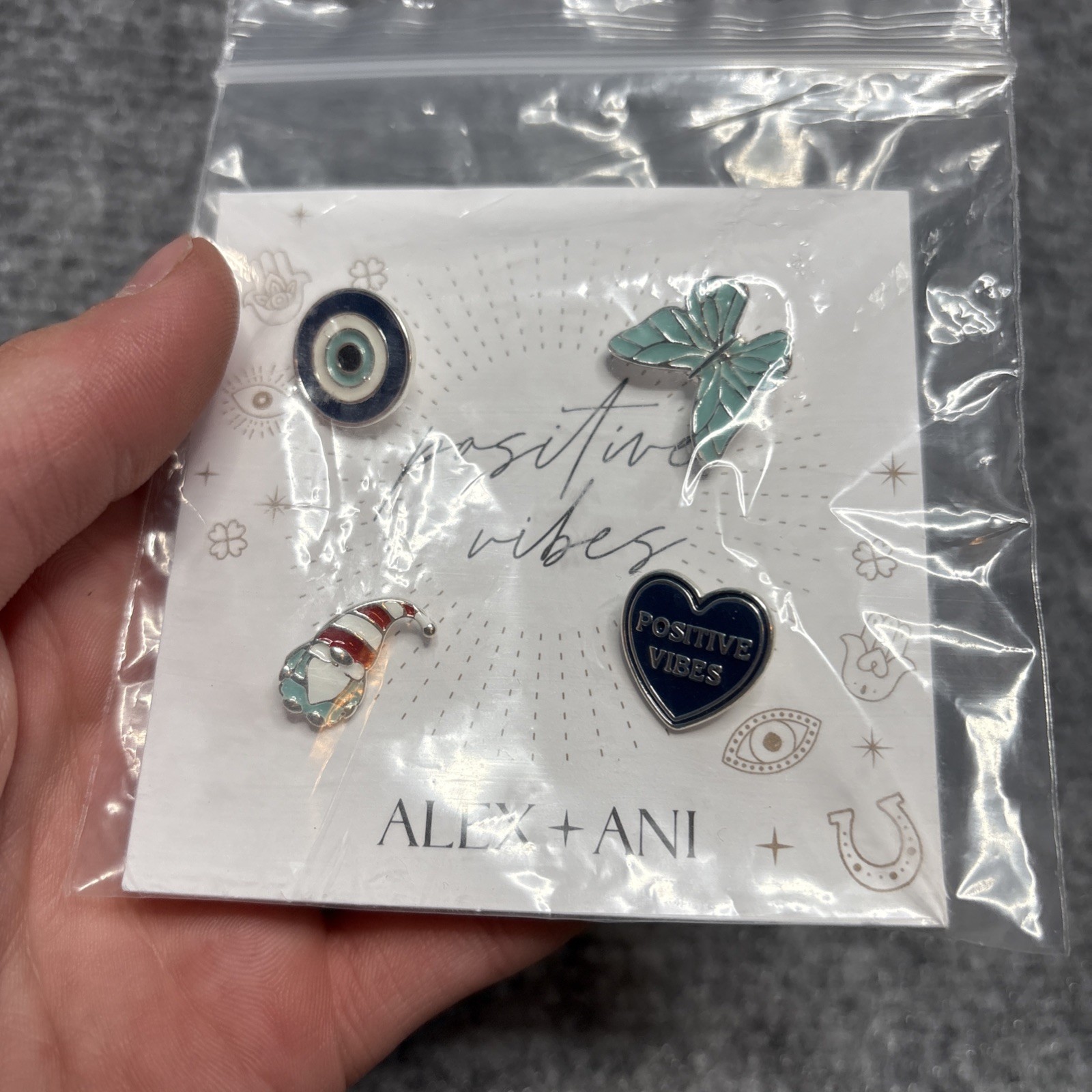 Alex and Ani Positive Vibes Pin Set of 4 Heat Butterfly Eye Gnome New