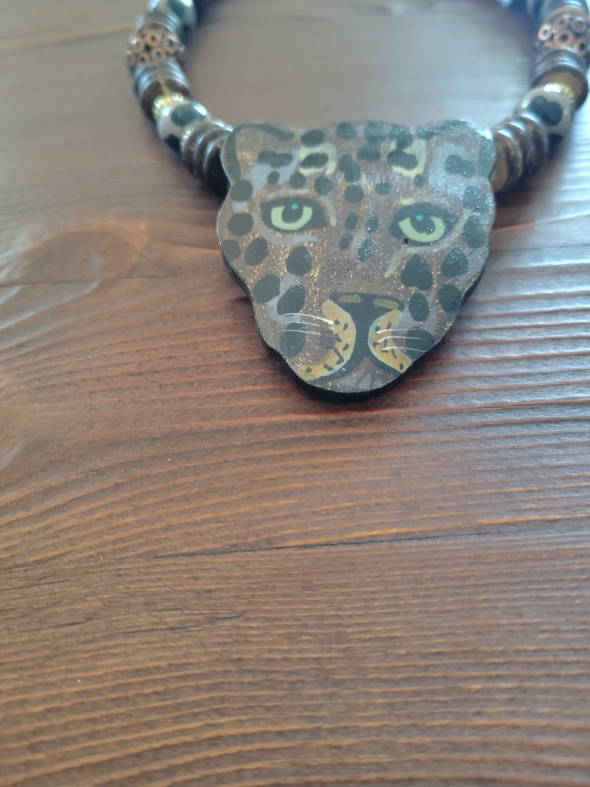 Vintage Hand Painted Leopard Wood – Metal Statement Necklace- Lee Sands