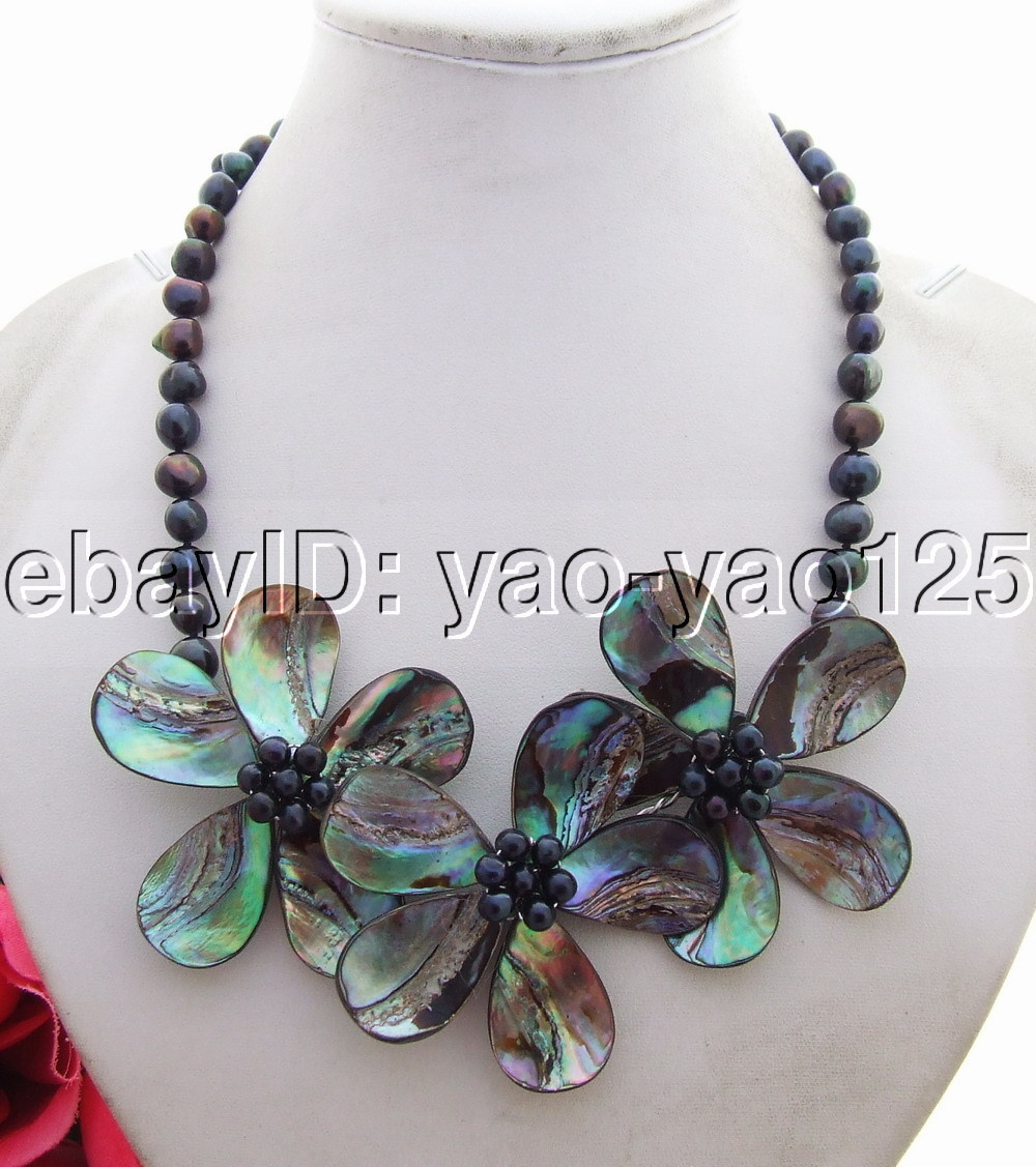 Black pearl Abalone Shell Necklace handmade Statement necklace 18″