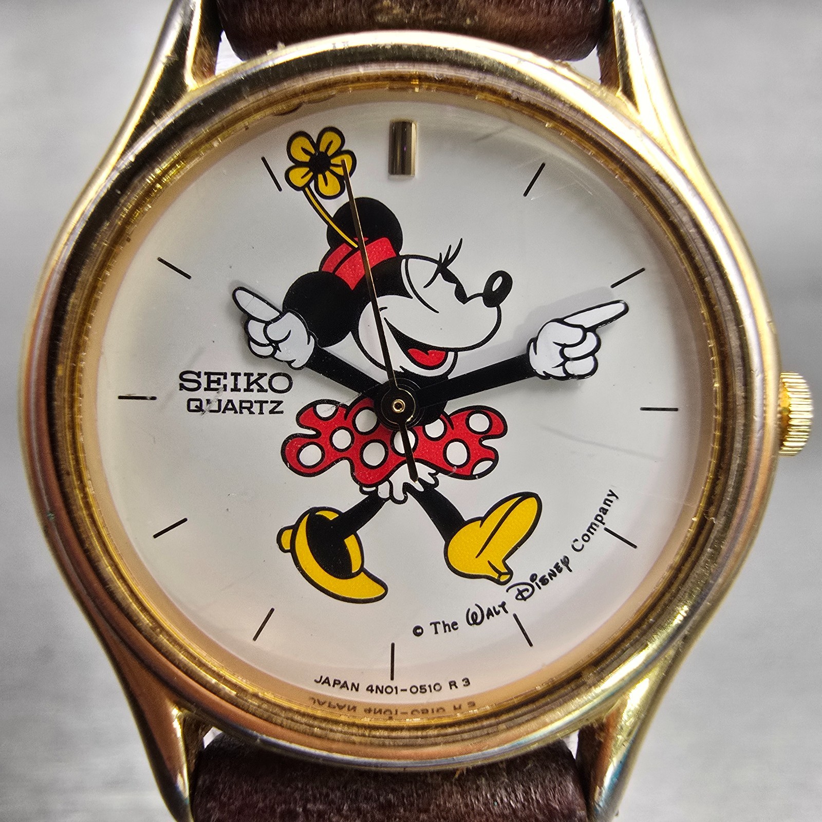 Seiko Minnie Mouse Watch Women 25mm White Dial Gold Tone 4N01-0129 New Battery