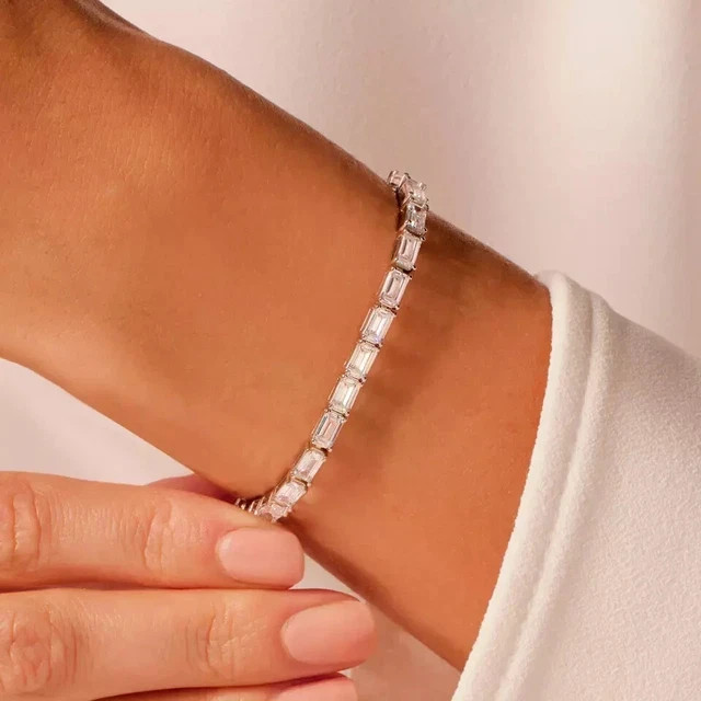 Emerald Cut Bridal Tennis Bracelet 9Ct Lab Created Diamond 14K White Gold Plated