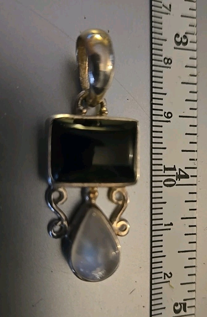 Moonstone and Black Onyx 925 Sterling Silver Pendant Signed Sj
