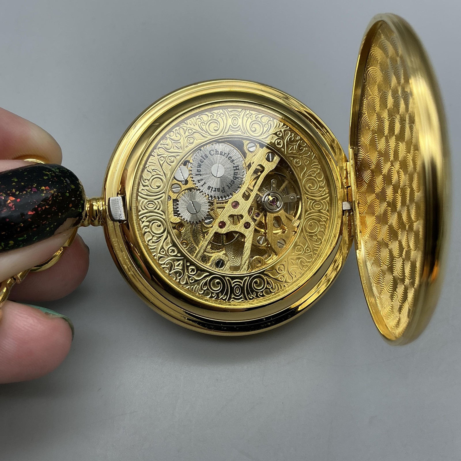 Charles-Hubert Pocket Watch Men 47mm Gold Tone Skeleton Hunter Manual Chain
