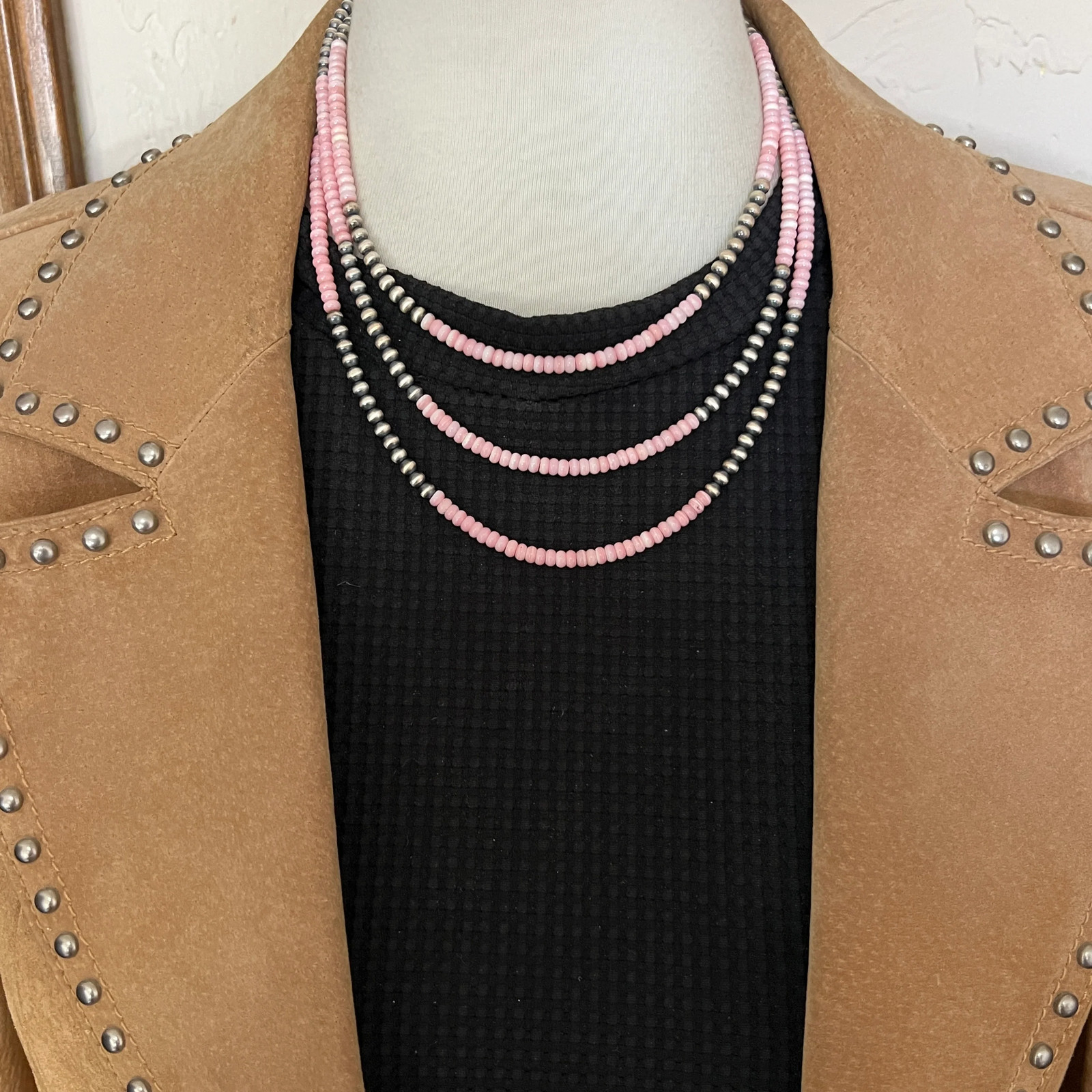 Real 925 sterling silver 4mm Pink Conch Necklace Oxidized Pearl Western BOHO Je