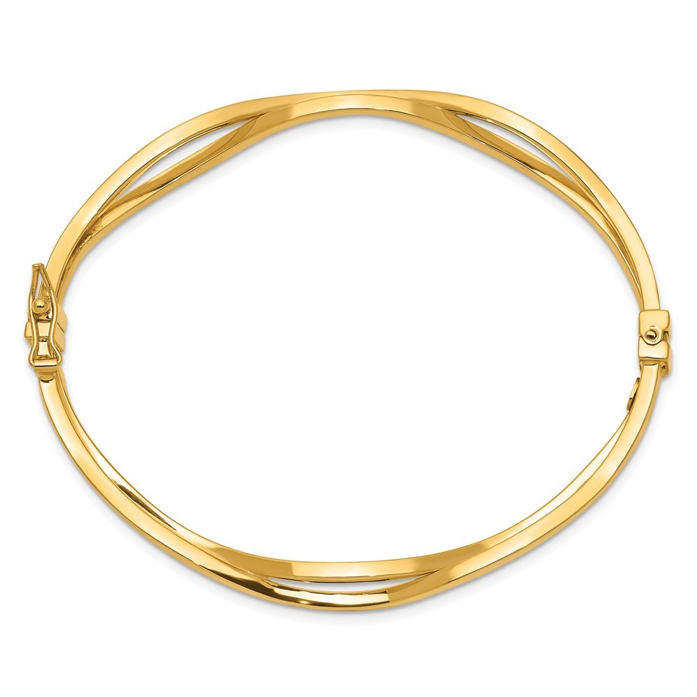 14K Yellow Gold Polished Wavy 7.00mm Hinged Oval Bangle Bracelet