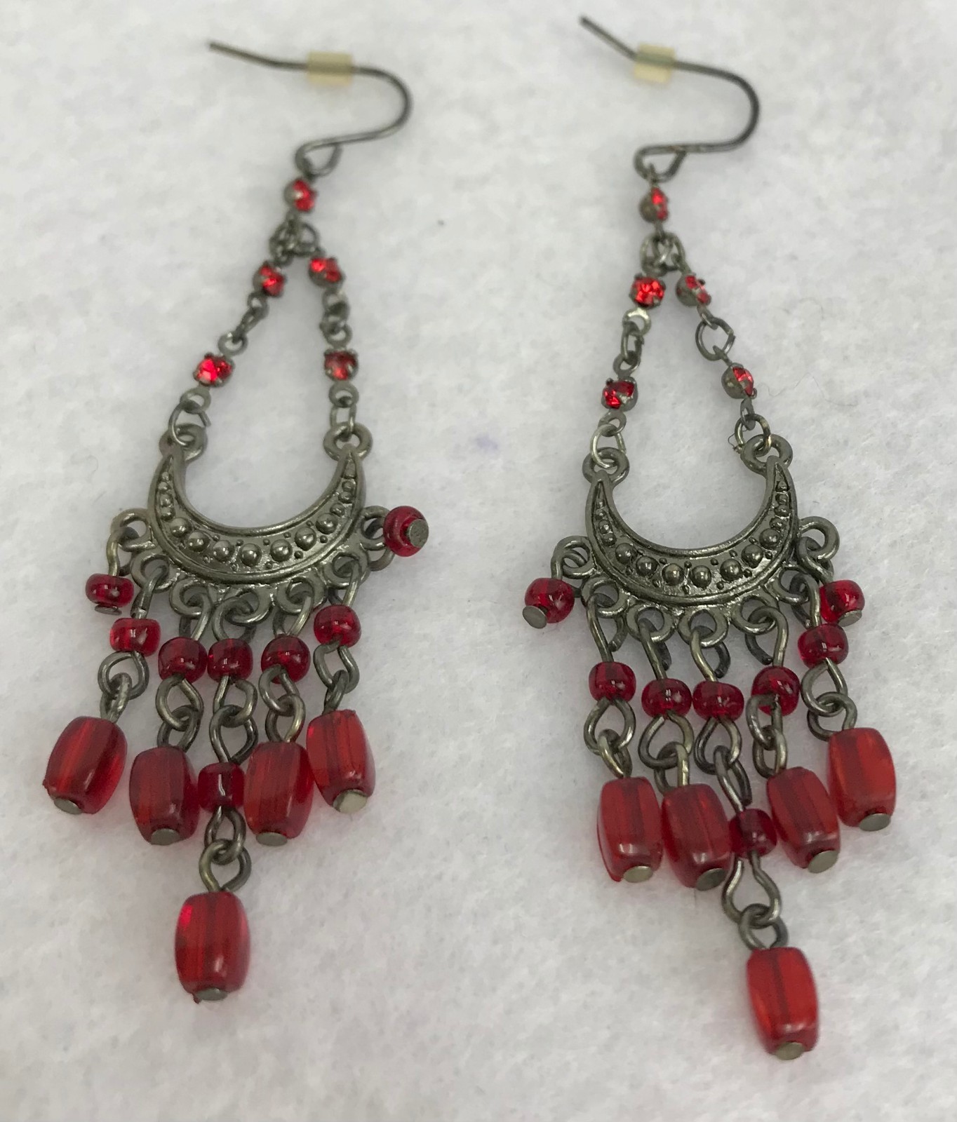 Vintage Silver Tone, 3″ Red Rhinestone, Teardrop Chandelier Earrings JWL-1372