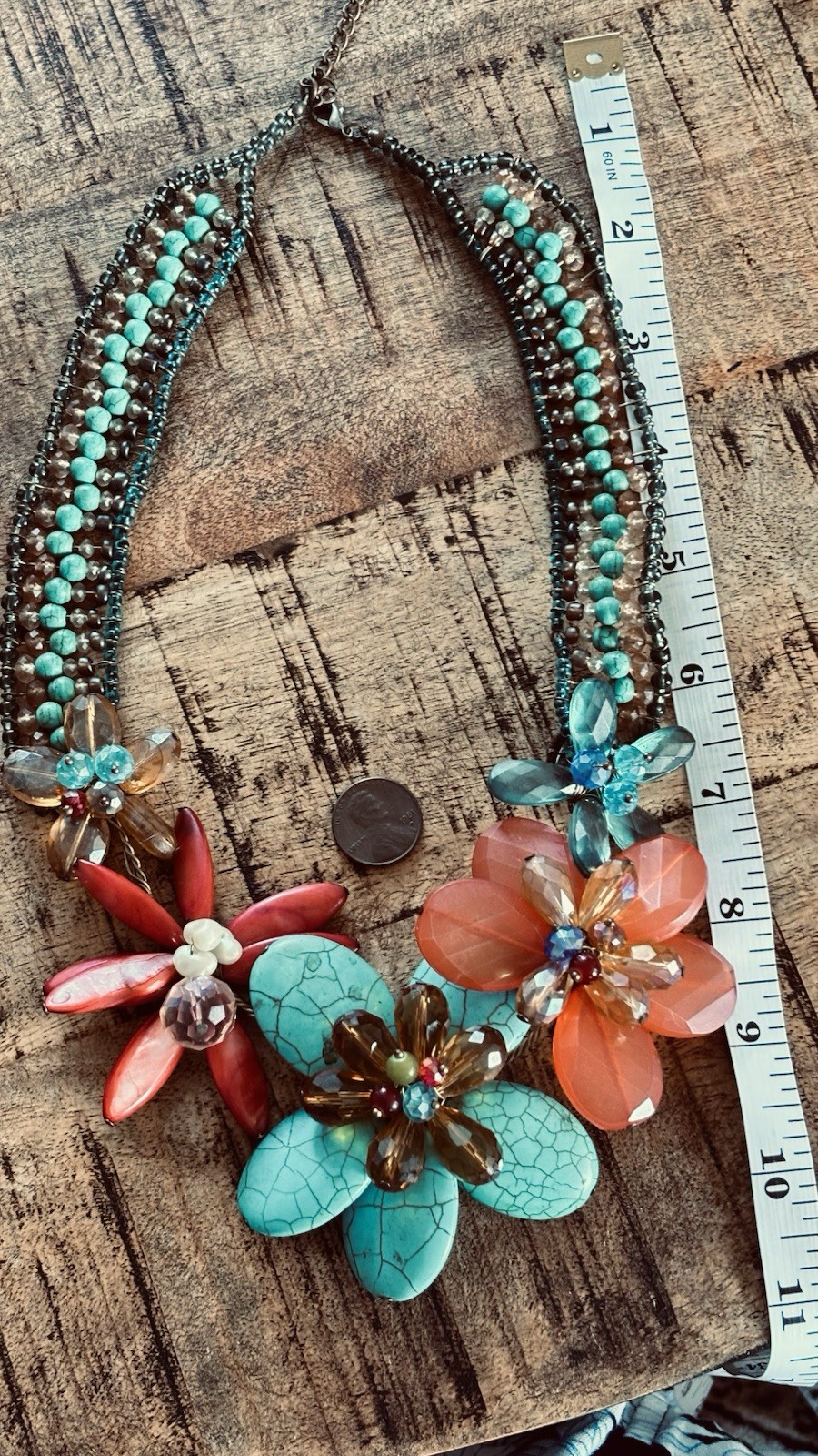 Vintage 2008 Boho Chunky MultiStrand Flower Statement Necklace Turquoise & Coral