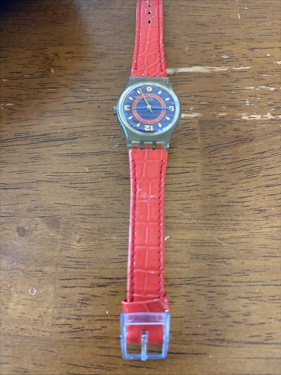Swatch Quartz Analog Wristwatch Red Plastic Strap Compass Dial