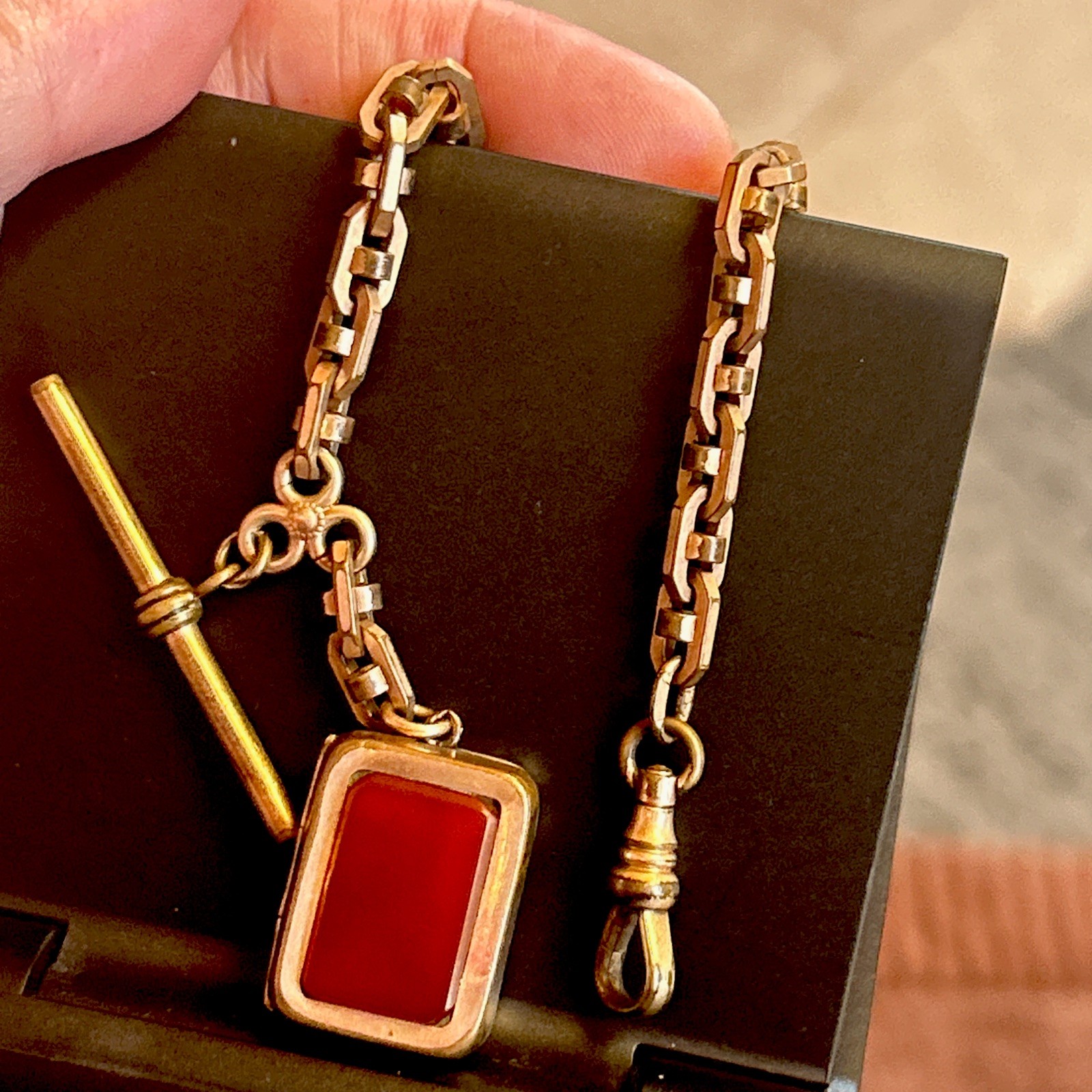 Antique 34g Gold Fill Onyx Carnelian 2 Sided Fob Locket Rose 10K GF LB Chain