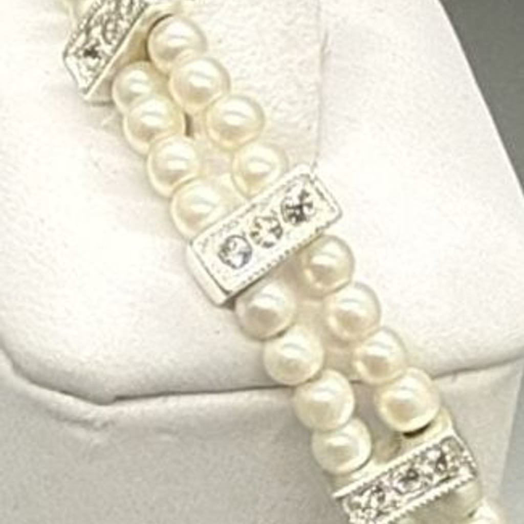 Vtg Napier Two Strand Faux Pearl Rhinestone Bar Silver Tone Bracelet Bridal 7”
