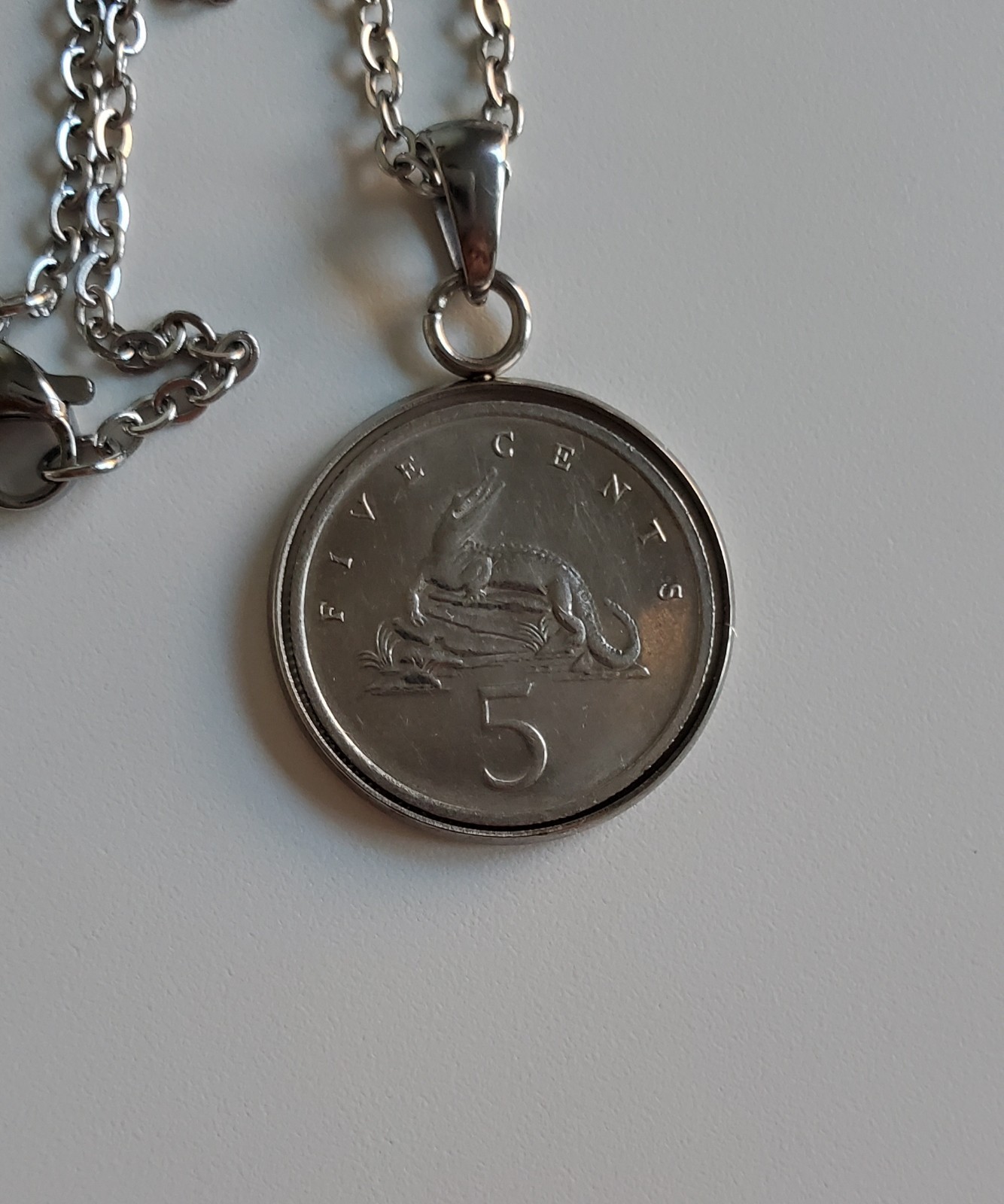 Jamaica 5 Cent Crocodile Coin Pendant, Charm, Necklace