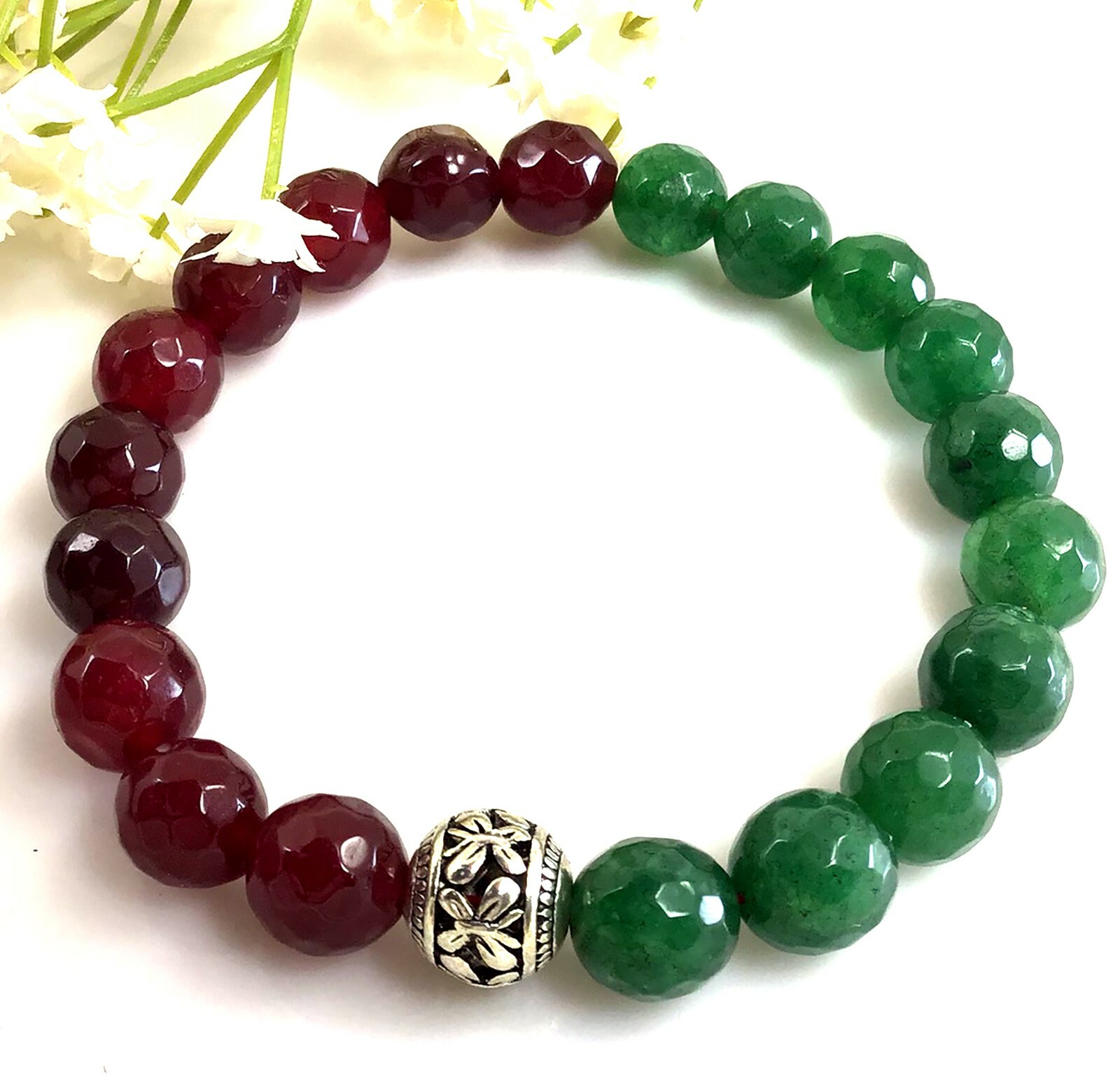 Jade Bracelet, Green and Red Jade Bracelet, healing gemstone stretchy for women