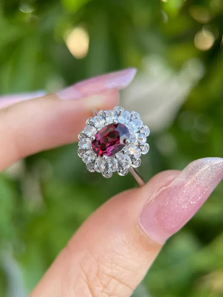 2.80 Ct Oval Natural Garnet Diamond Wedding Ring 14K Real White Gold Size 6 7 8