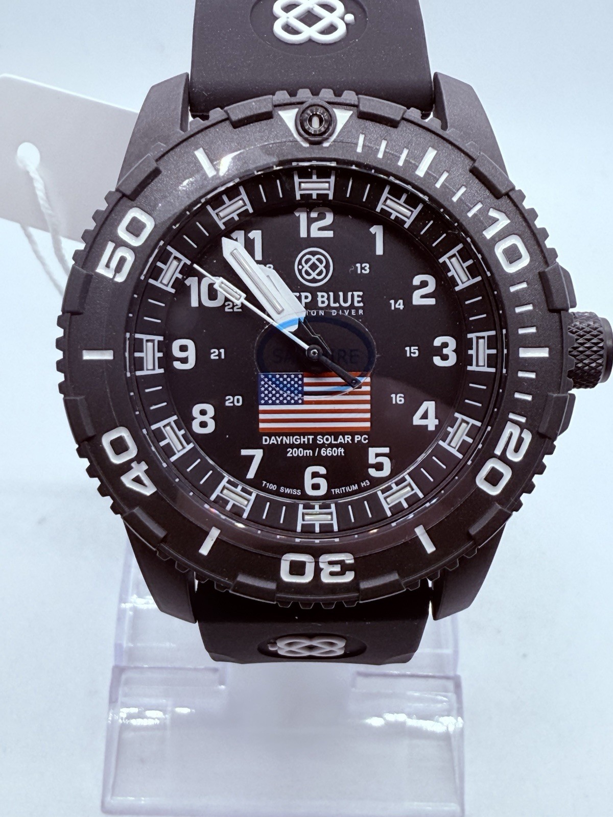 Deep Blue DAYNIGHT 43MM DIVER SOLAR POWERED PC BLACK DIAL USA🇺🇸3 COLOR TUBES‼️