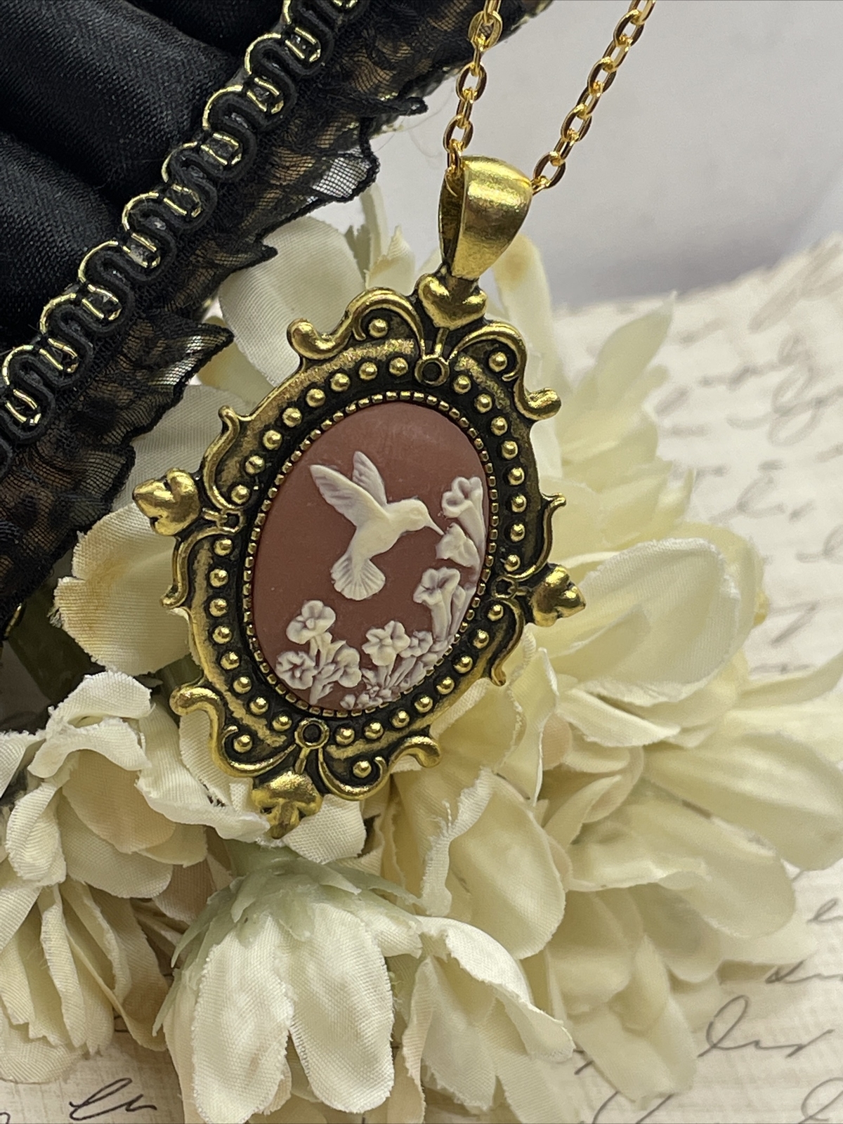 Anniversary Gold Cameo Hummingbird Easter Mother’s Day Birthday wedding Necklace