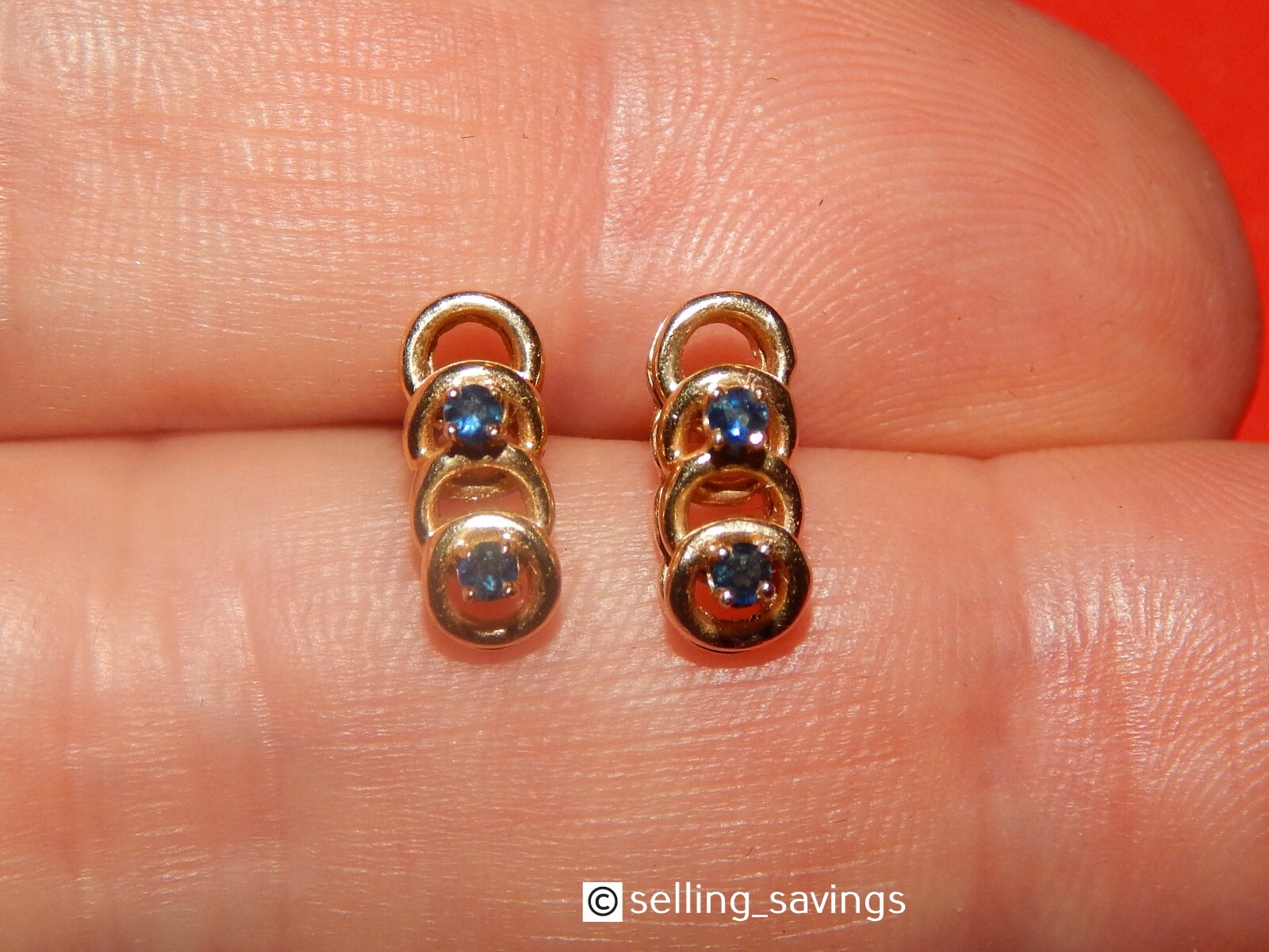 14K YELLOW GOLD SAPPHIRE OPEN CIRCLE STUD EARRINGS 1/2 INCH TALL X 1/4 INCH WIDE