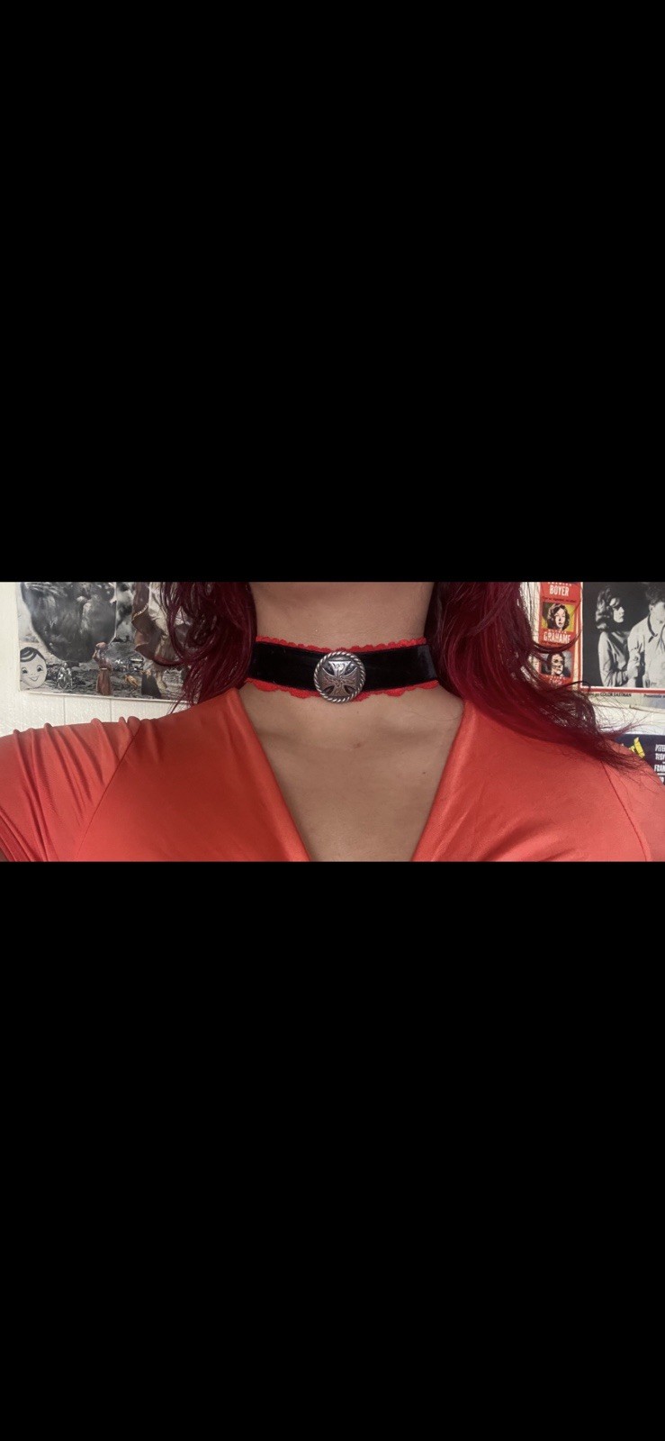 Black Red Velvet Choker Necklace Silver Tone Medallion Charm Adjustable Lobster