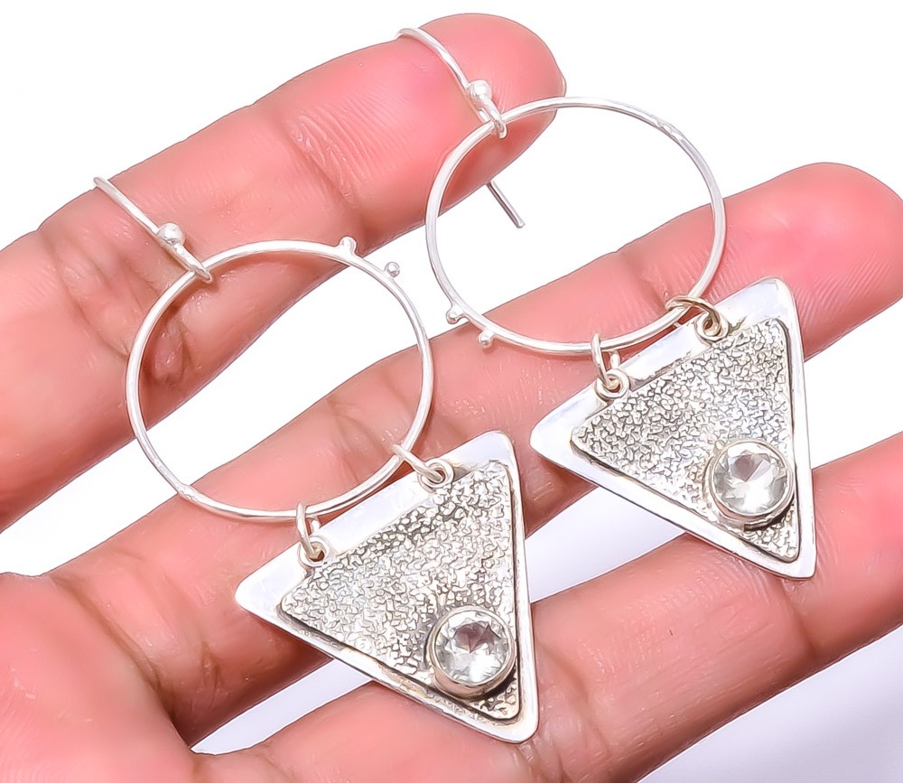 White Topaz Sand Paper Textured 925 Silver Handmade Earring 2.42″ E7323-51