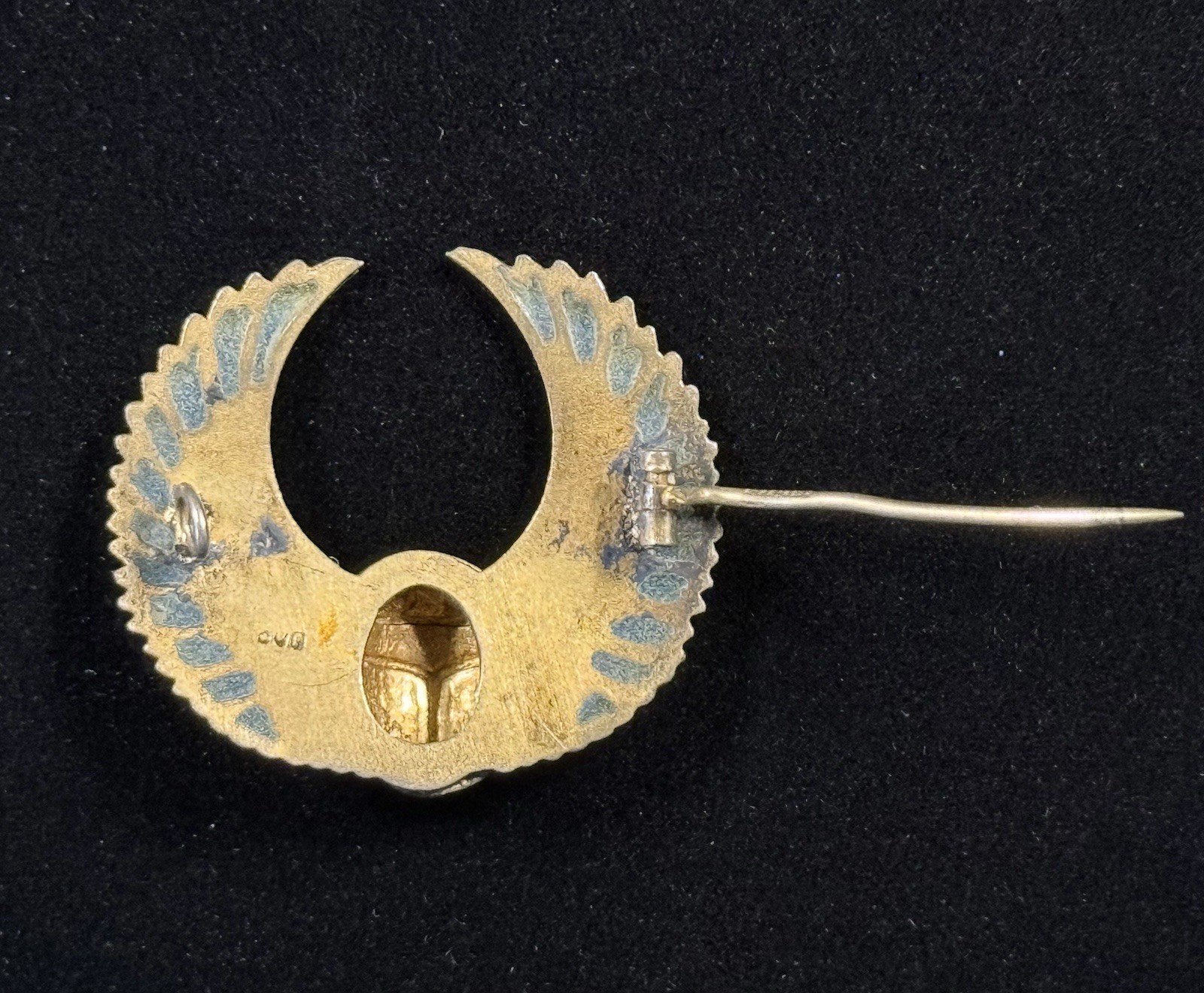 Antique Winged Scarab 800 Silver Brooch Pin Egyptian Revival Plique A Jour #885