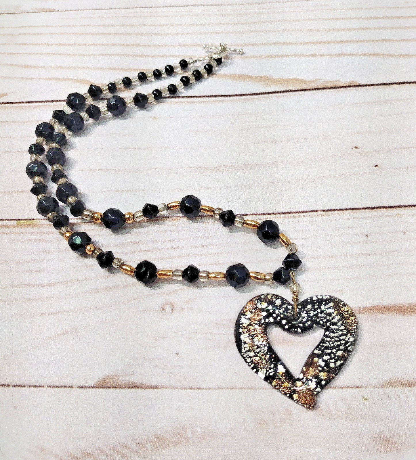 Handmade Black, Silver & Gold Glass Bead Heart Pendant Necklace 17″