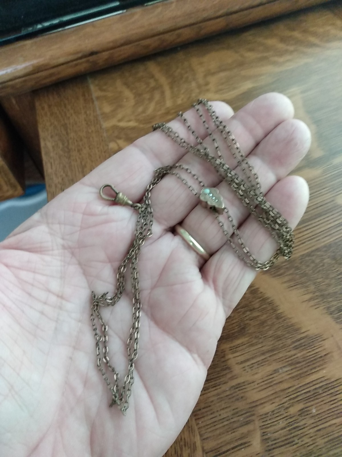 Victorian Gold Filled Slide Chain Opal & Seed Pearls Slide 48 Inches 8.8 Gram