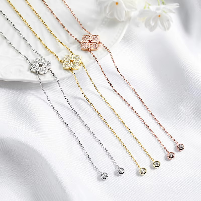 Real Round Moissanite Clover Tassel Pendant Necklace 925 Sterling Silver Chain