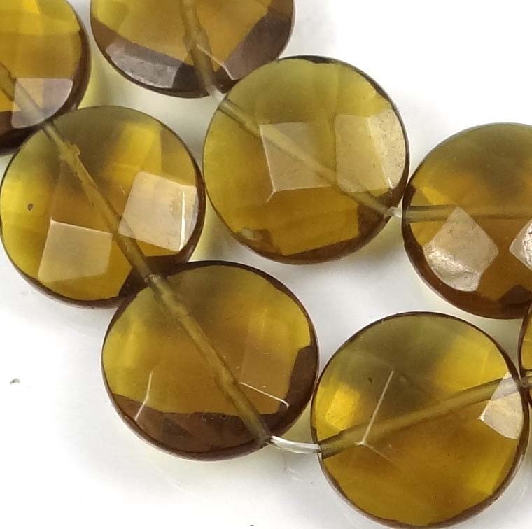 16mm Olive / Dark Lemon Glass Quartz Faceted Coin Disc Beads (12)