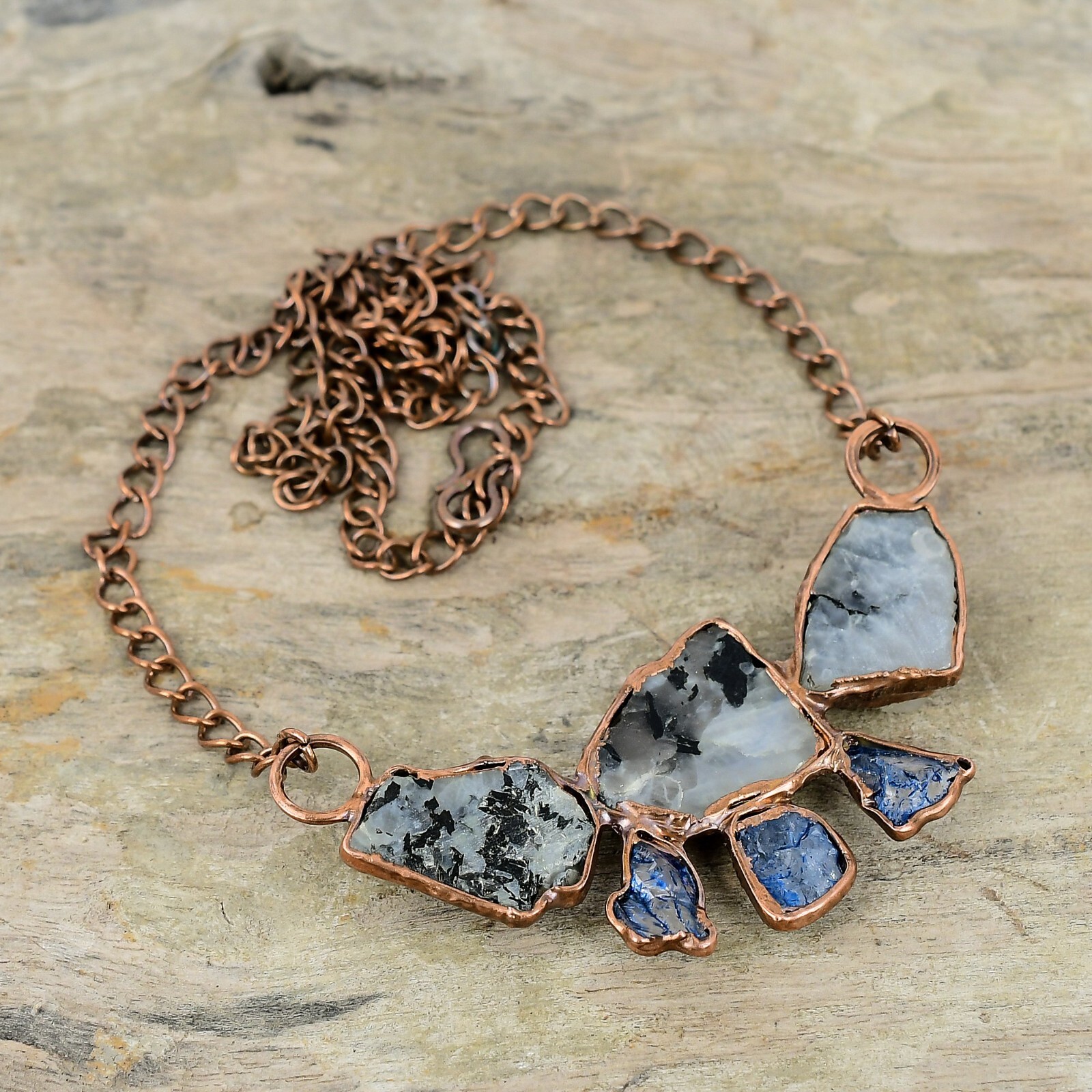 Rainbow Moonstone Rough Electroformed Chain Adjustable Necklace Copper 18.0″