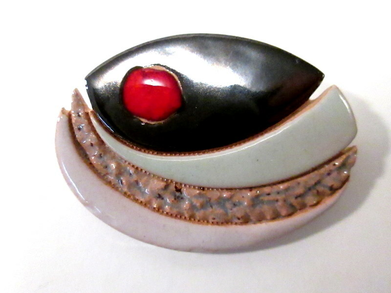 Contemporary Brooch Pin MCM Ceramic & Enamel Artist Signed Erna G Abstract Oval