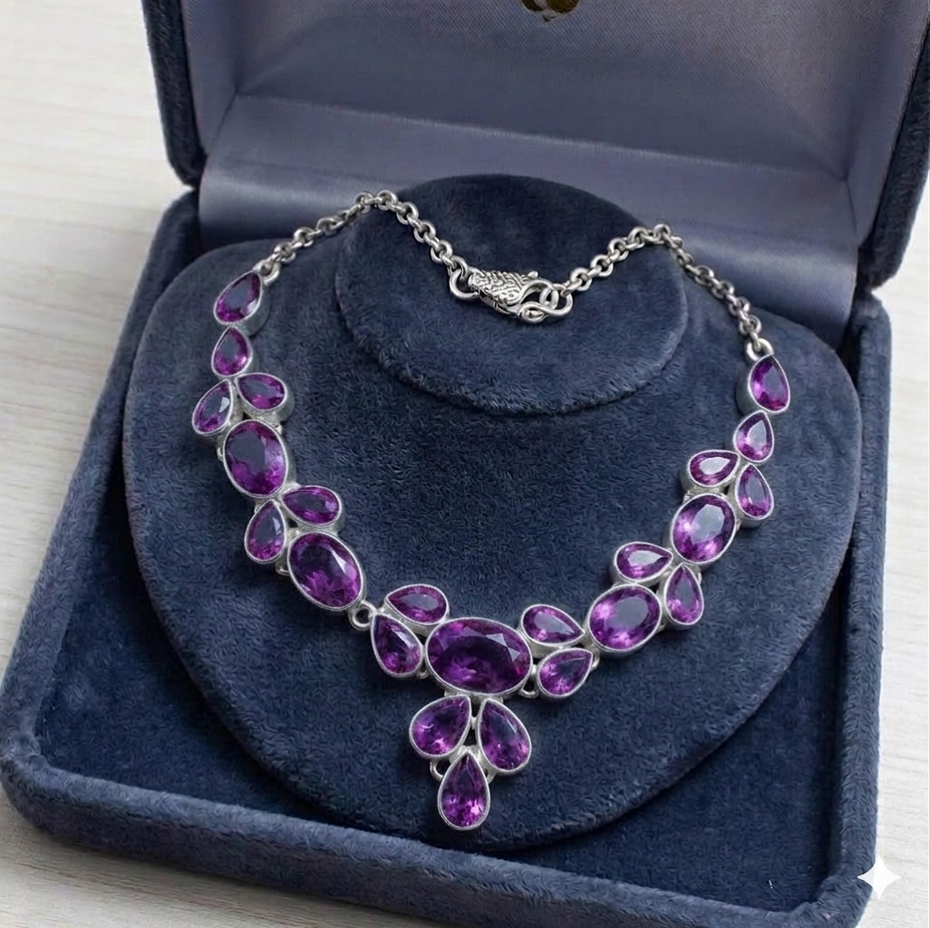 Purple Amethyst Gemstone 925 Sterling Silver Jewelry Necklace Size-17-18″