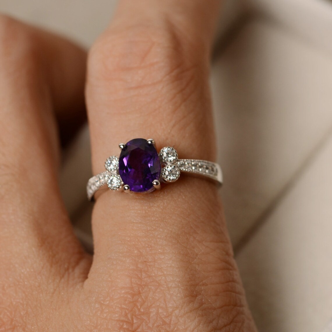 2CT Amethyst Oval Gemstone 925 Silver Plated Dainty Ring Duty Free