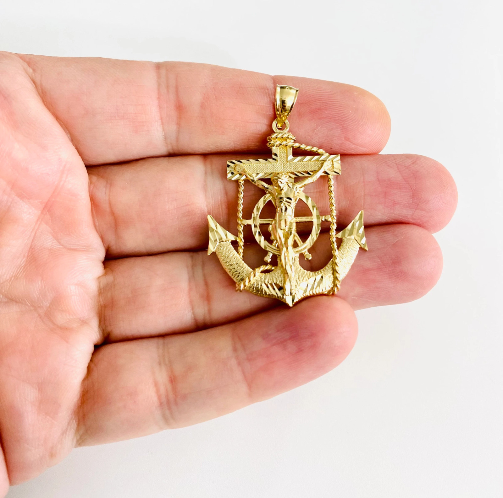 14K Solid Gold Anchor Jesus Christ Mariner Cross Pendant – 1.7 inches – PT1223