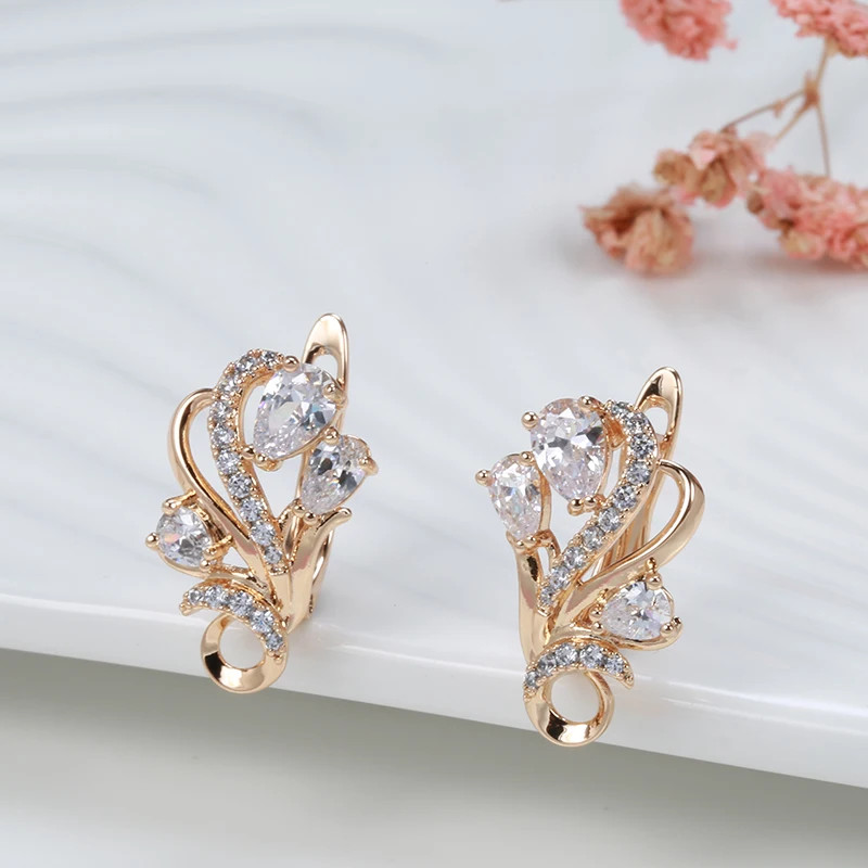 Elegant 585 RG Rose Gold Rose Gold Earrings with Zircon, High Quality Jewelry 3.4g