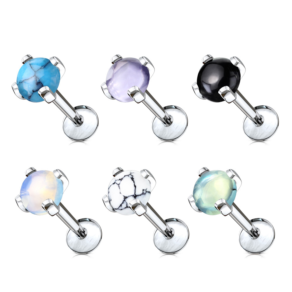 Labret Semi Precious Stone Prong Set Internally Threaded Cartilage Stud 16G