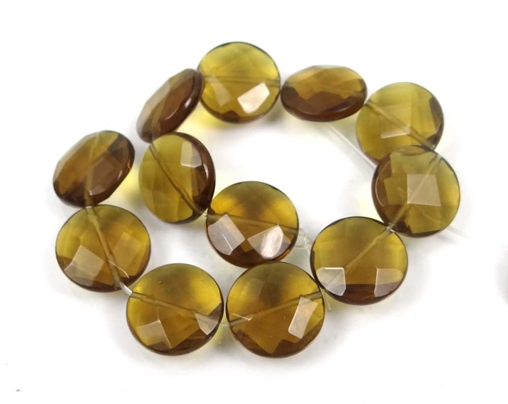 16mm Olive / Dark Lemon Glass Quartz Faceted Coin Disc Beads (12)