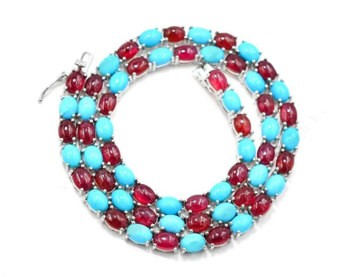 31Ct Oval Cut Lab-Created Garnet & Turquoise Tennis Necklace in 925 Silver – 20″
