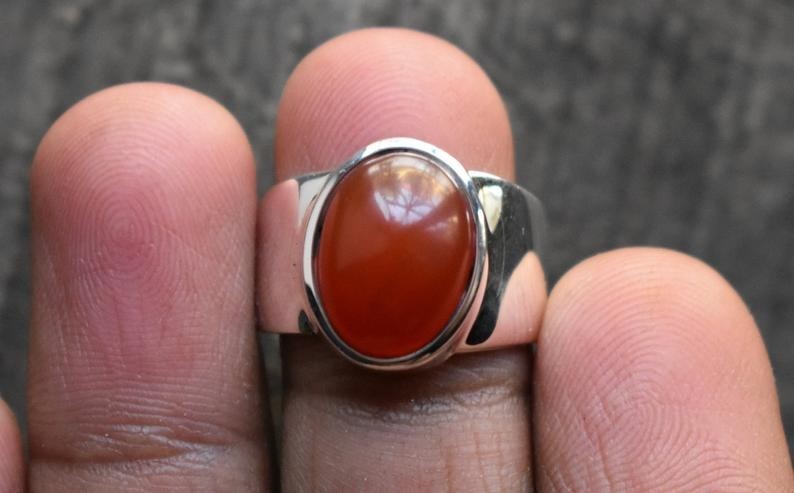 Solid 925 Sterling Silver Natural Red Carnelian Gemstone Men’s Unisex Band Ring